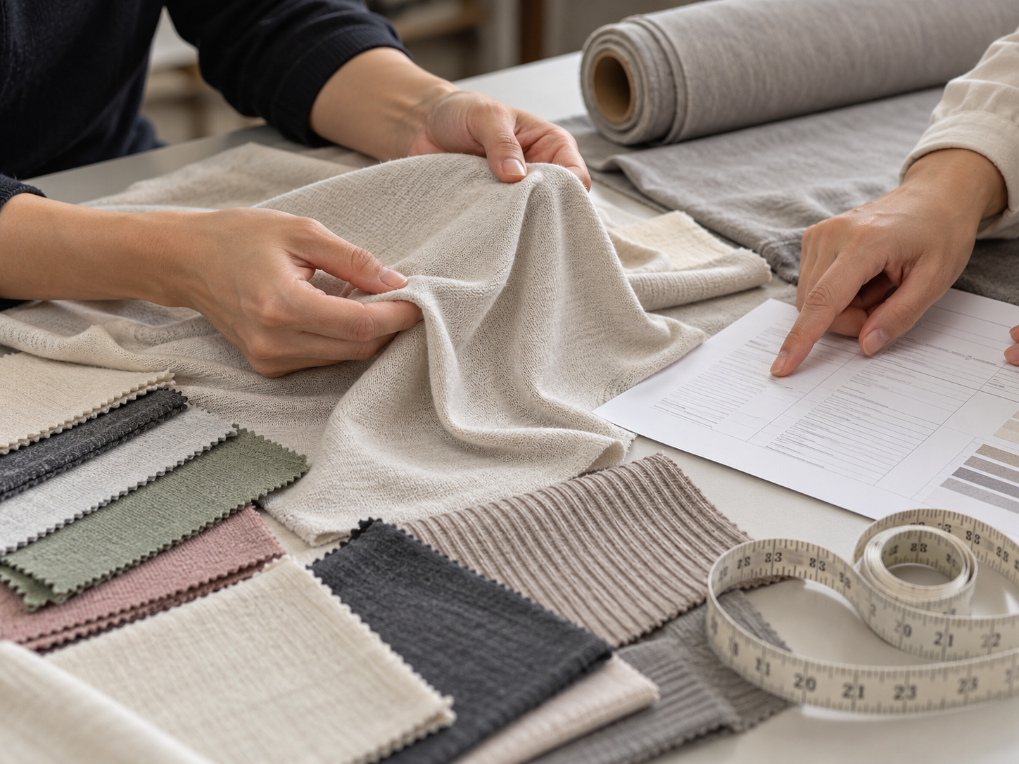 Fabric samples and specifications in a procurement meeting