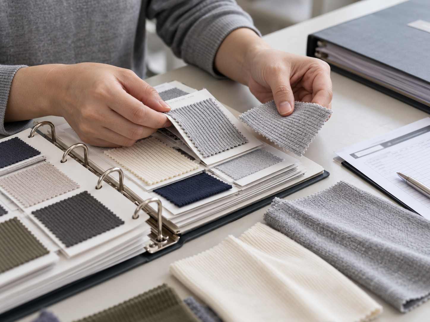 Organized fabric samples and production records